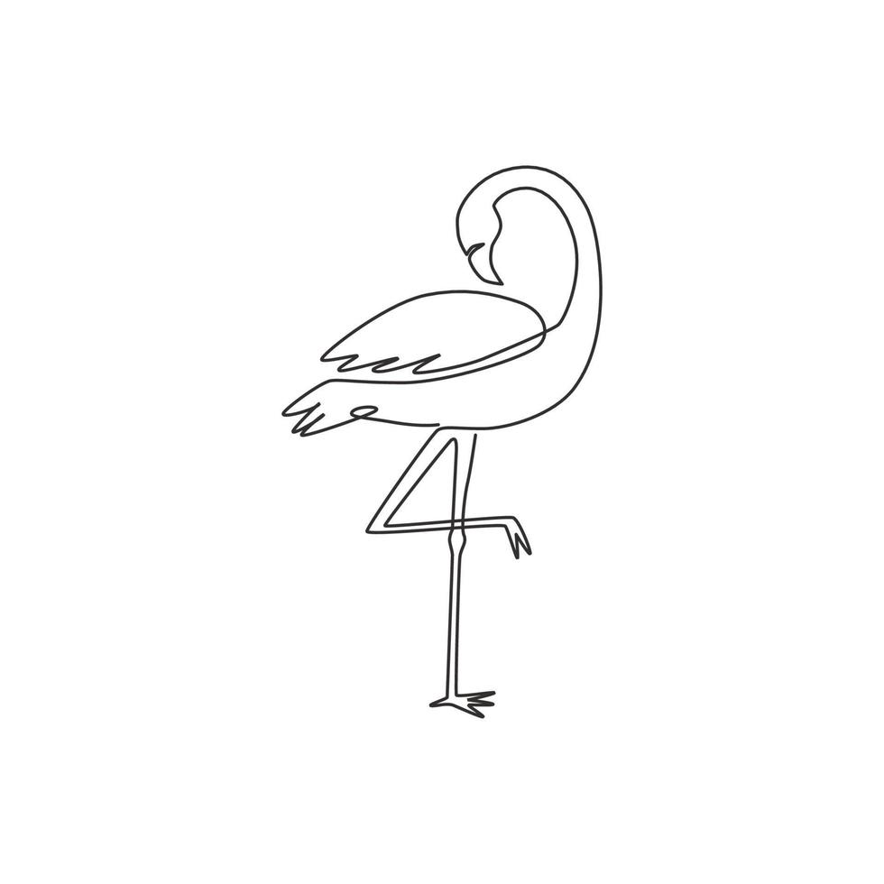 Single continuous line drawing of beautiful flamingo for national zoo logo. Flamingo bird mascot concept for conservation park. Trendy one line draw design vector graphic illustration