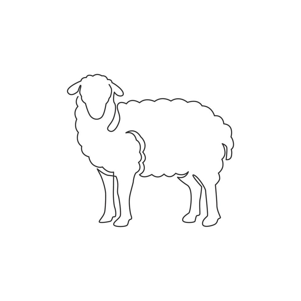 One continuous line drawing of funny cute sheep for livestock logo identity. Lamb emblem mascot concept for cattle icon. Trendy single line draw design vector graphic illustration