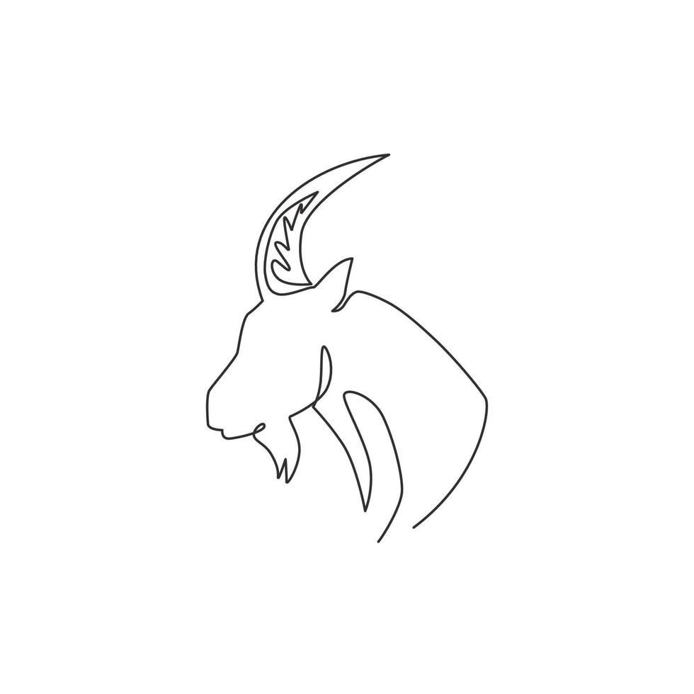 Single continuous line drawing of strong tough goat head for business logo identity. Lamb mascot emblem concept for ranch icon. Dynamic one line draw design vector illustration graphic