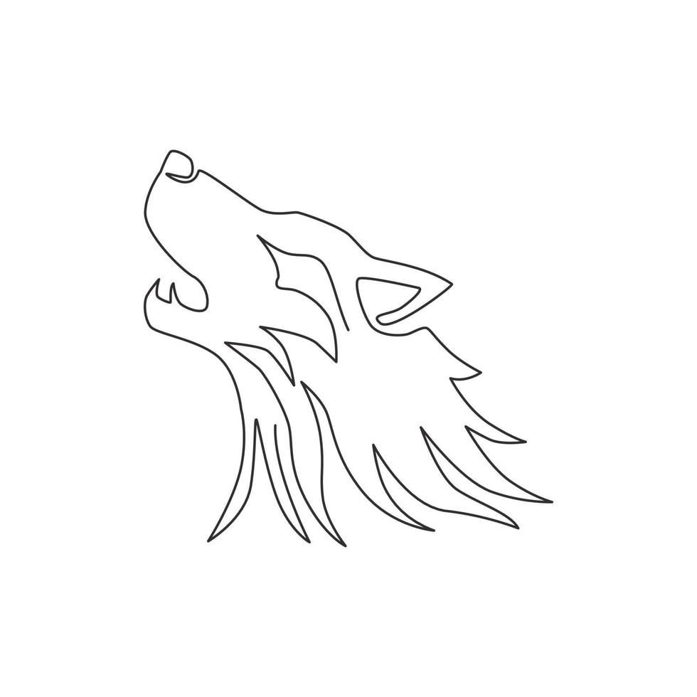 un dibujo de línea continua de una peligrosa cabeza de lobo para la identidad del logotipo de la empresa. concepto de emblema de la mascota de los lobos para el icono del parque de conservación. Ilustración gráfica de vector de diseño de dibujo de línea única de moda