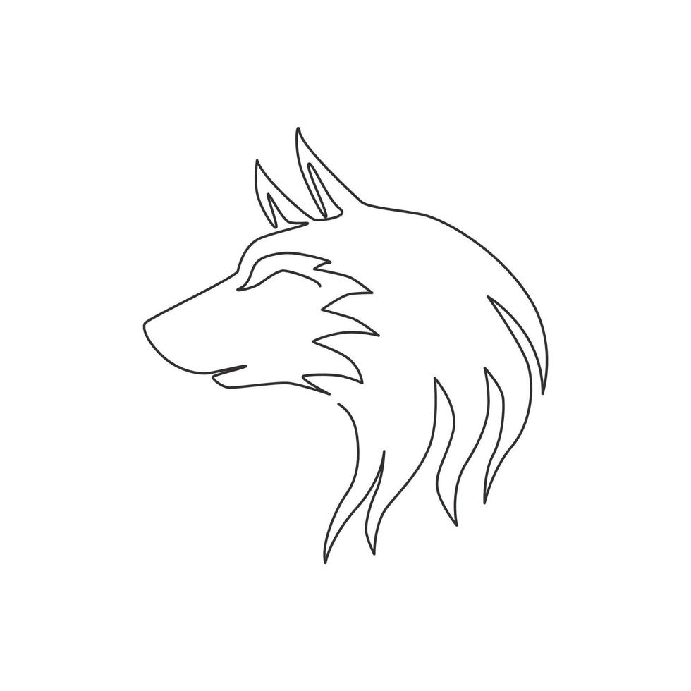 un dibujo de línea continua de una peligrosa cabeza de lobo para la identidad del logotipo de la empresa. concepto de emblema de la mascota de los lobos para el icono del parque de conservación. Ilustración gráfica de vector de diseño de dibujo de línea única de moda