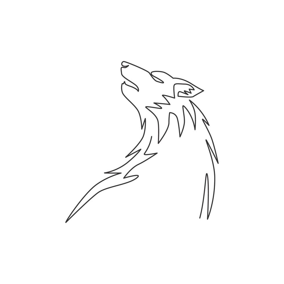 Single continuous line drawing of mysterious wolf head for e-sport team logo identity. Strong wolves mascot concept for national park icon. Dynamic one line draw graphic design vector illustration