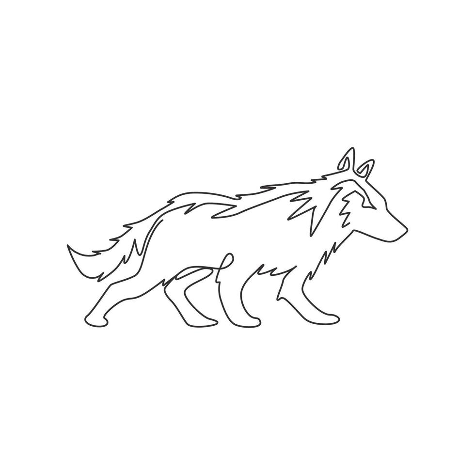 Single continuous line drawing of mysterious wolf for e-sport team logo identity. Strong wolves mascot concept for national park icon. Trendy one line draw design vector graphic illustration