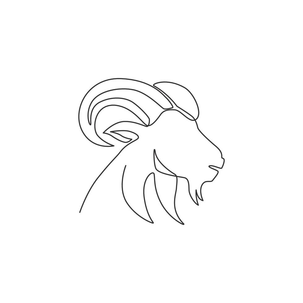 One single line drawing of funny cute goat head for stock breeding logo identity. Lamb mascot emblem concept for animal husbandry icon. Dynamic continuous line draw design vector illustration graphic