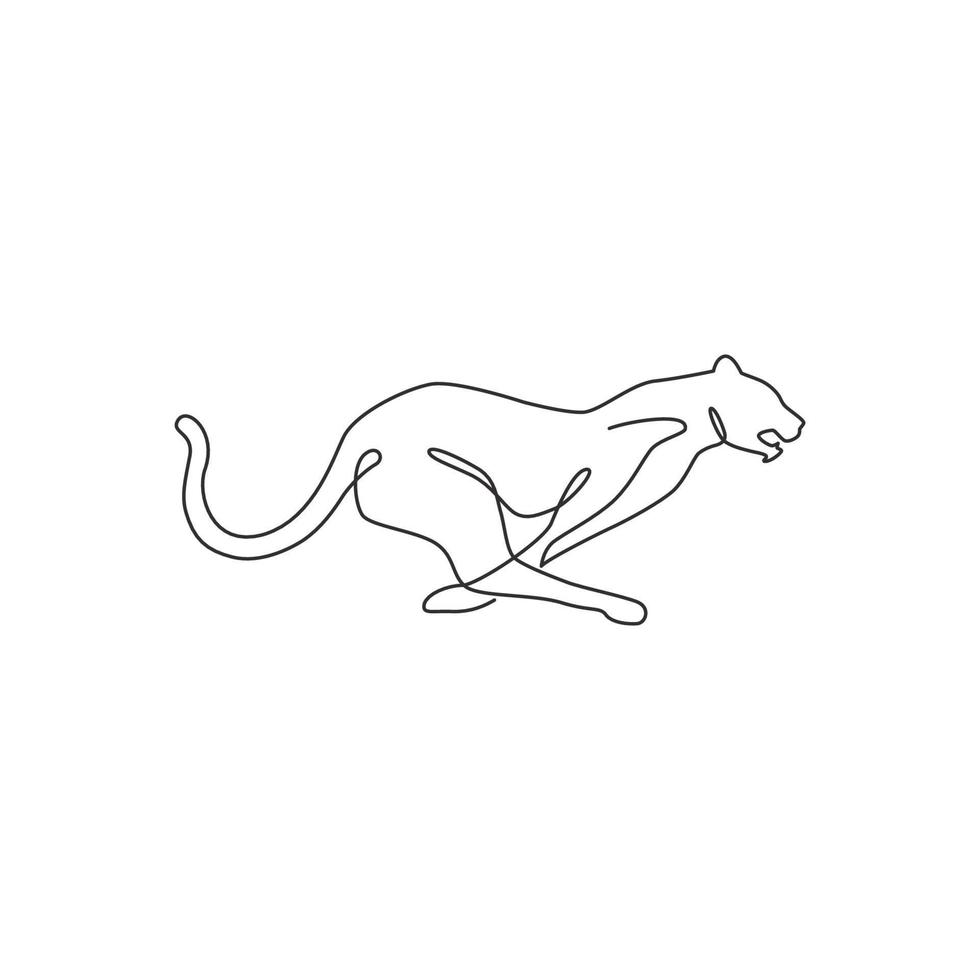 Single continuous line drawing of running cheetah for e-sport team logo identity. Leopard mascot concept for national zoo icon. Dynamic one line graphic draw design vector illustration