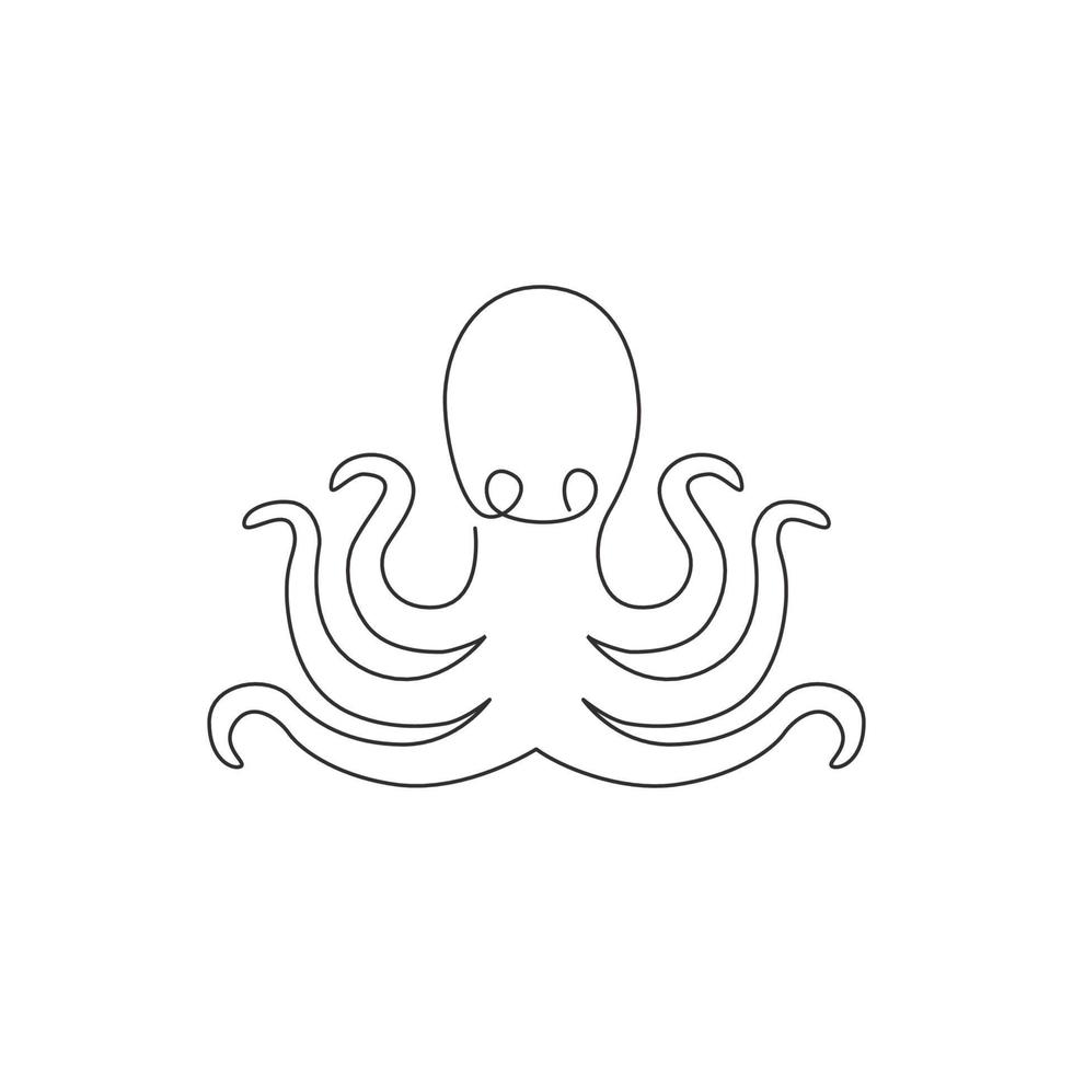 One continuous line drawing of mysterious octopus for seafood restaurant logo identity. Ocean animal mascot concept for Japanese sushi fast food icon. Single line draw design vector illustration