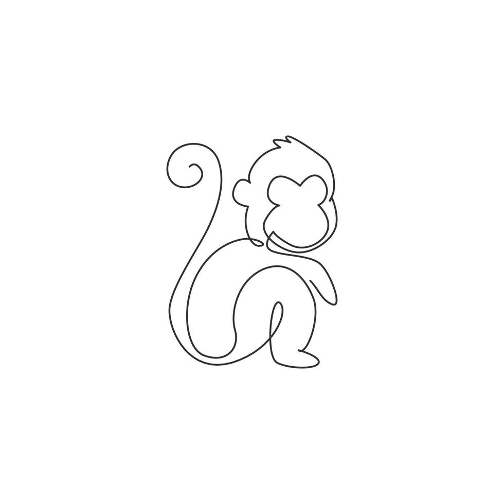un dibujo de línea continua de un mono lindo sentado para la identidad del logotipo de la selva de conservación. adorable concepto de mascota animal primate para el icono del parque nacional. Ilustración de vector de diseño de dibujo de una sola línea