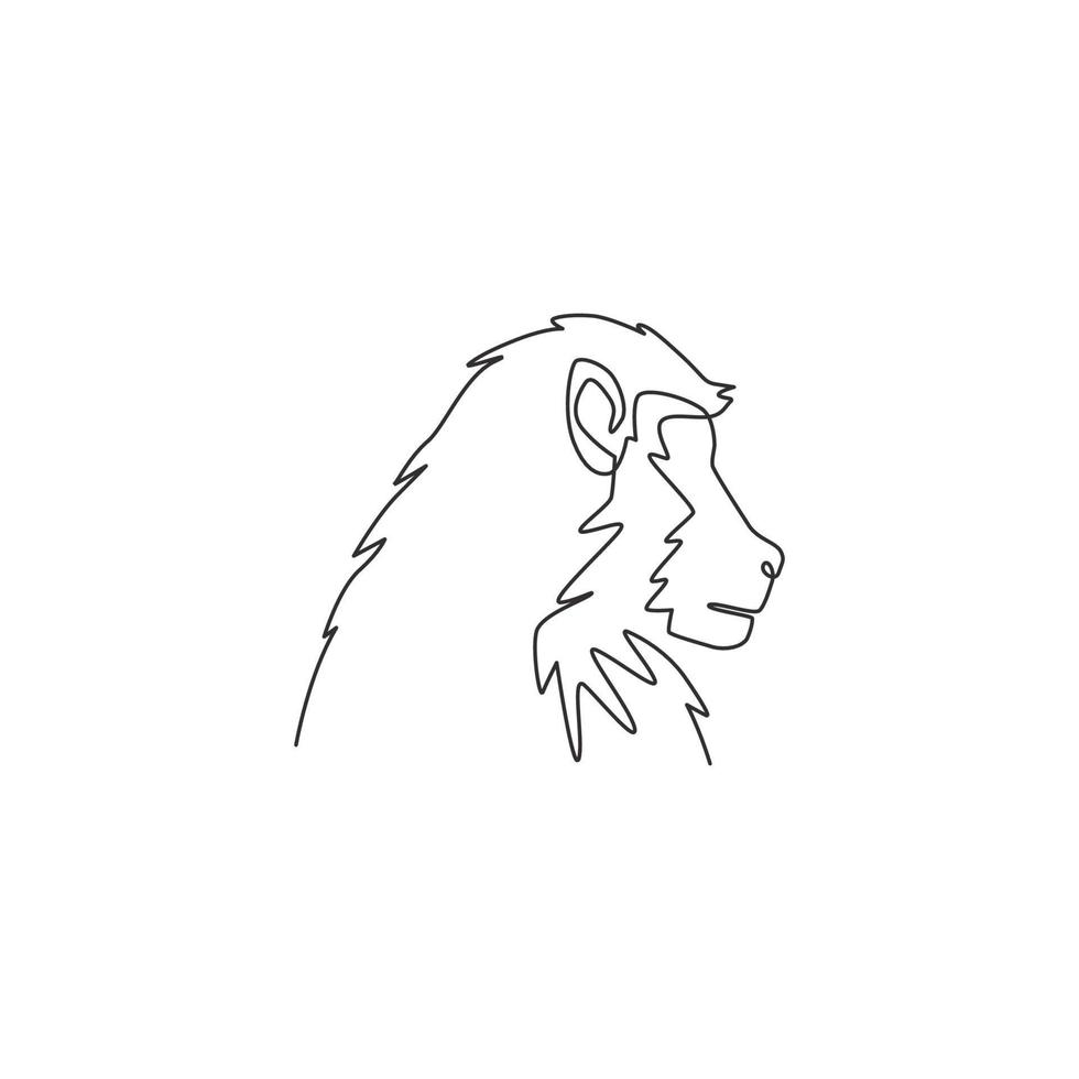 One continuous line drawing of baboon head for conservation jungle logo identity. Primate animal mascot concept for national park icon. Trendy single line draw graphic design vector illustration