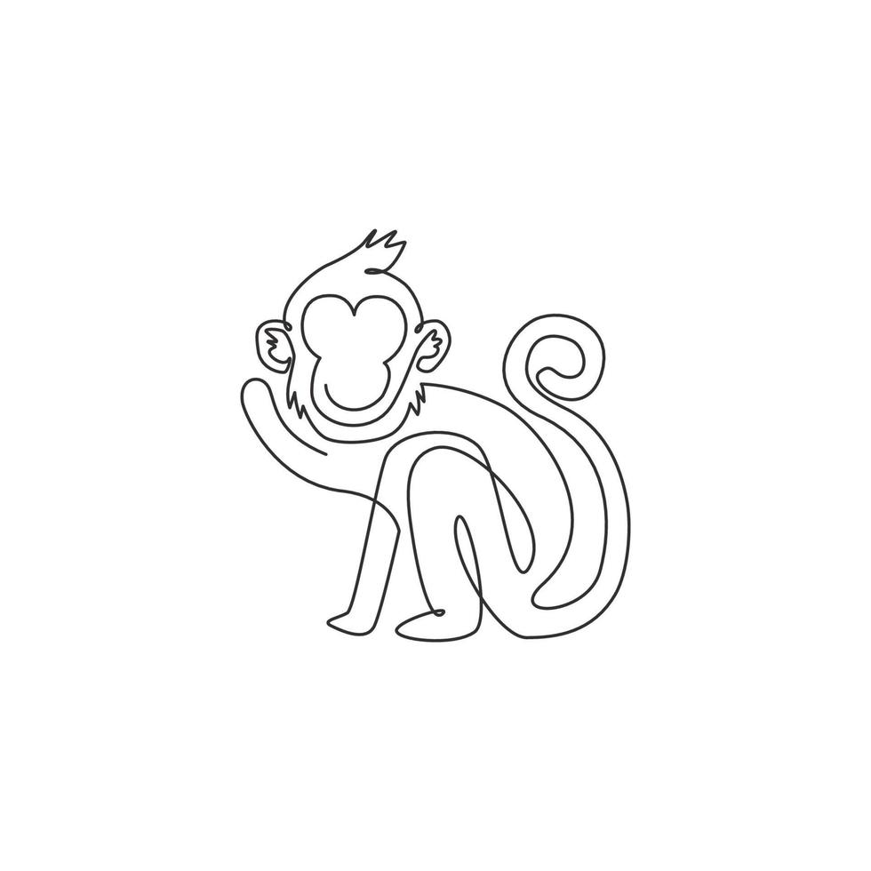 Single continuous line drawing of cute walking monkey for national zoo logo identity. Adorable primate animal mascot concept for circus show icon. One line draw design vector graphic illustration