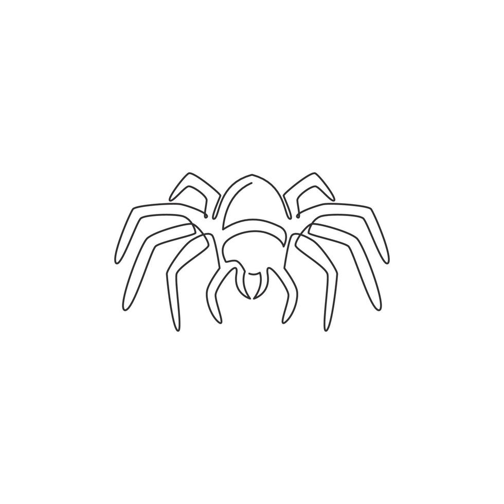 Single continuous line drawing of big wild spider for logo symbol identity. Cute pet animal concept for insect lover icon. Dynamic one line draw design vector graphic illustration