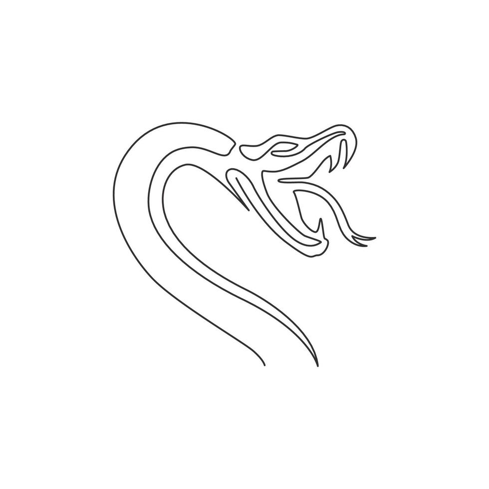 un dibujo de línea continua de serpiente venenosa para el logotipo del club de amantes de los animales reptiles. concepto mortal de la mascota de la cobra real para el icono del grupo de los amantes de las serpientes peligrosas. Ilustración de vector de diseño de dibujo de una sola línea