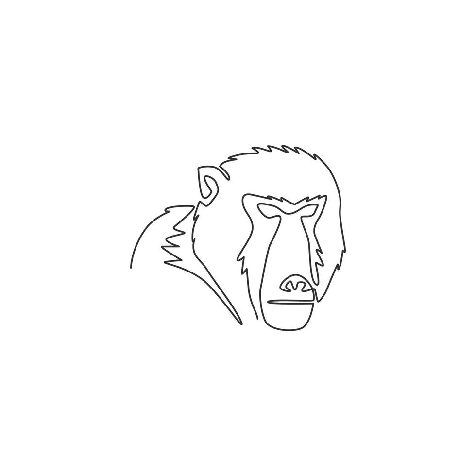 un dibujo de una sola línea de la cabeza de babuino para la identidad del logotipo de la empresa. concepto de mascota animal primate lindo para icono corporativo. Ilustración de vector de diseño gráfico de dibujo de línea continua dinámica