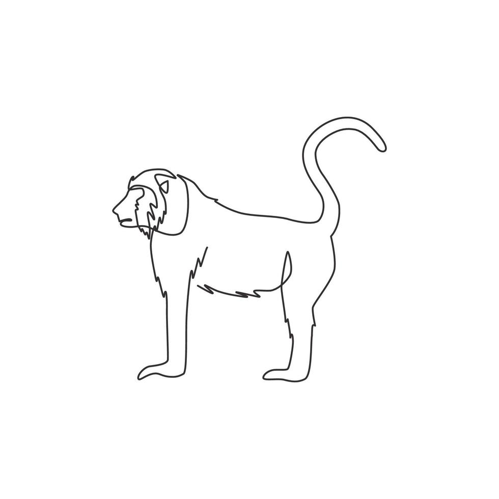 Single continuous line drawing of walking baboon for national zoo logo identity. Cute primate animal mascot concept for circus show icon. Modern one line draw design graphic vector illustration