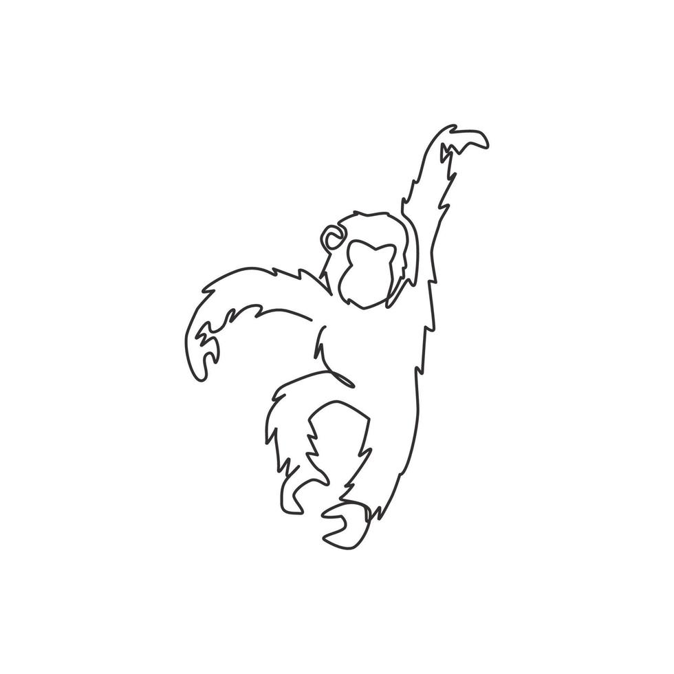 Single continuous line drawing of cute jumping chimpanzee for national zoo logo identity. Adorable primate animal mascot concept for circus show icon. One line draw graphic design vector illustration