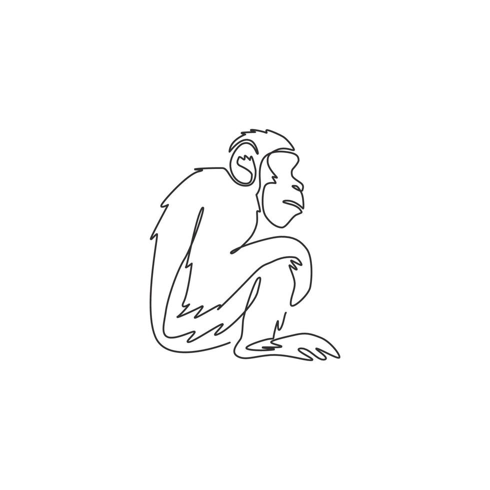 One single line drawing of cute sitting chimpanzee for company business logo identity. Adorable primate chimp animal mascot concept for corporate icon. Continuous line draw design vector illustration