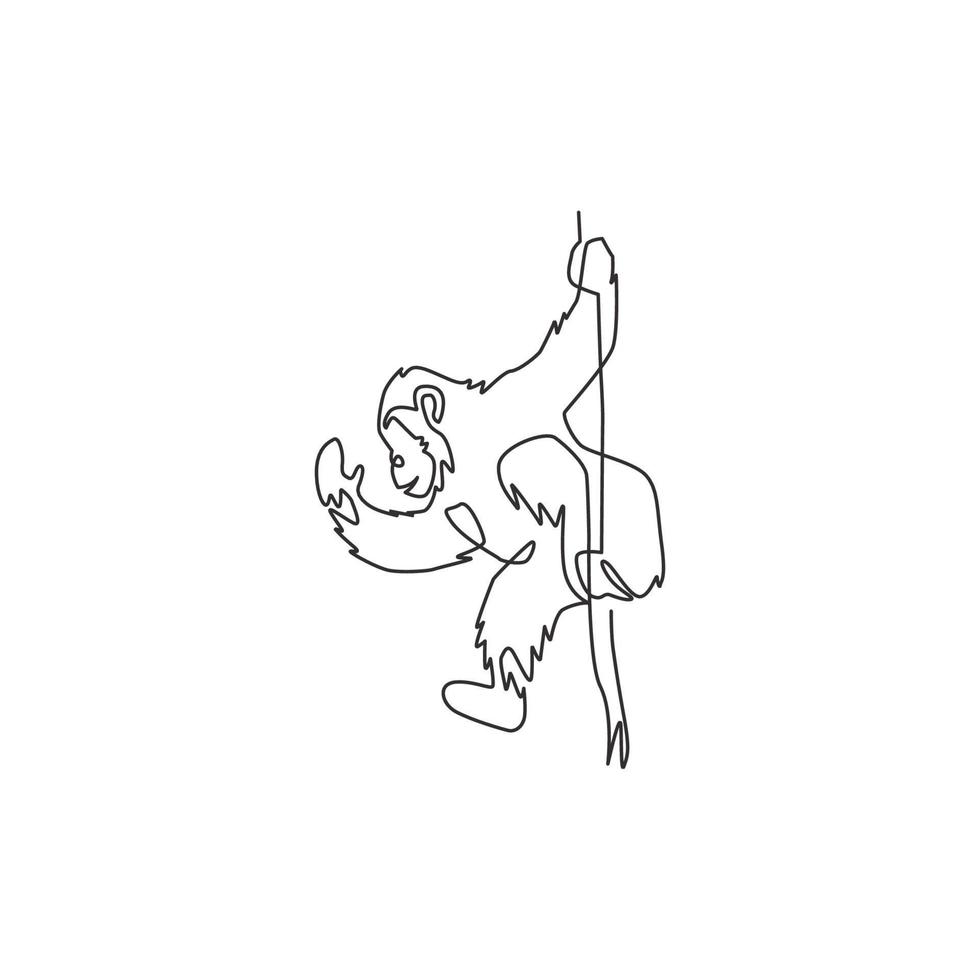un dibujo de línea continua de un lindo chimpancé colgado de la rama de un árbol para la conservación de la identidad del logotipo de la jungla. adorable concepto de mascota para el icono del parque nacional. Ilustración de vector de diseño de dibujo de una sola línea