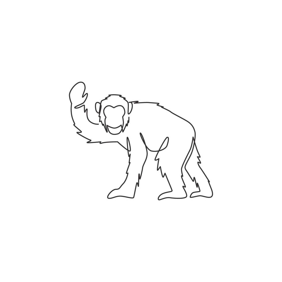 Single continuous line drawing of cute jumping chimpanzee for national zoo logo identity. Adorable primate animal mascot concept for circus show icon. One line graphic draw design vector illustration