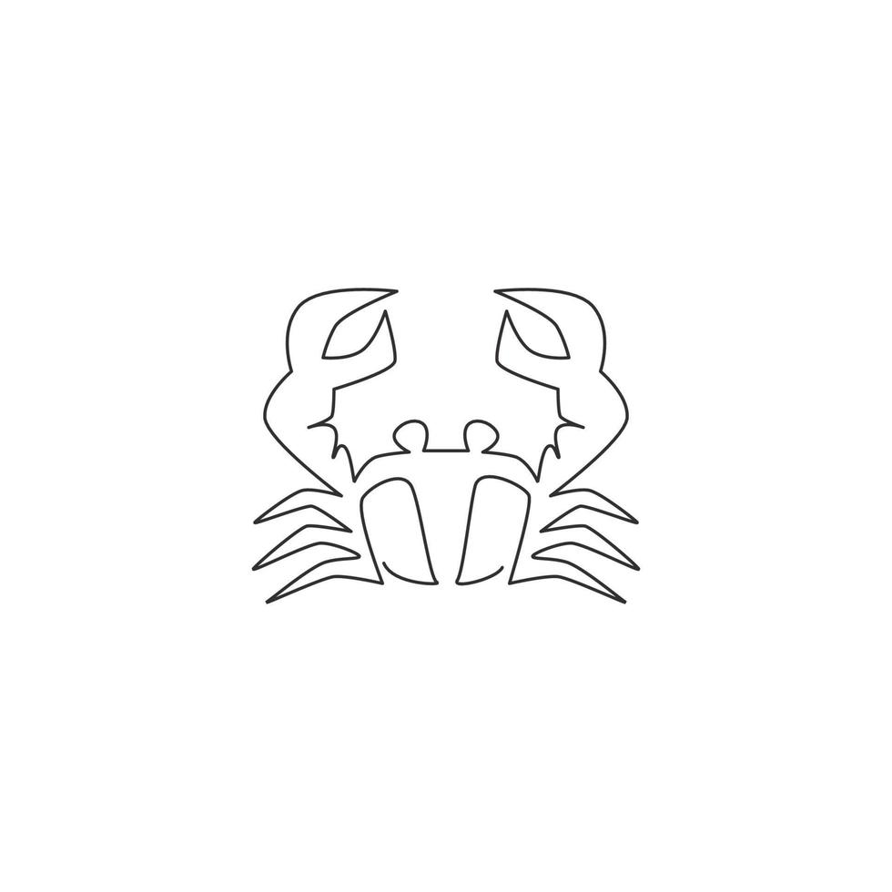 Single continuous line drawing of little crab with big claw for seafood logo identity. Cute sea animal concept for Chinese restaurant icon. Dynamic one line draw design graphic vector illustration