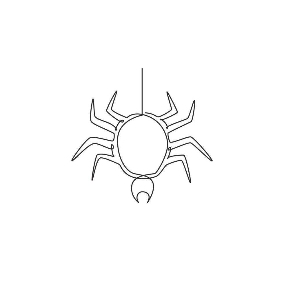 One continuous line drawing of spider pull out the web for business logo identity. Cute insect animal concept for pet lover icon. Trendy single line draw design vector graphic illustration