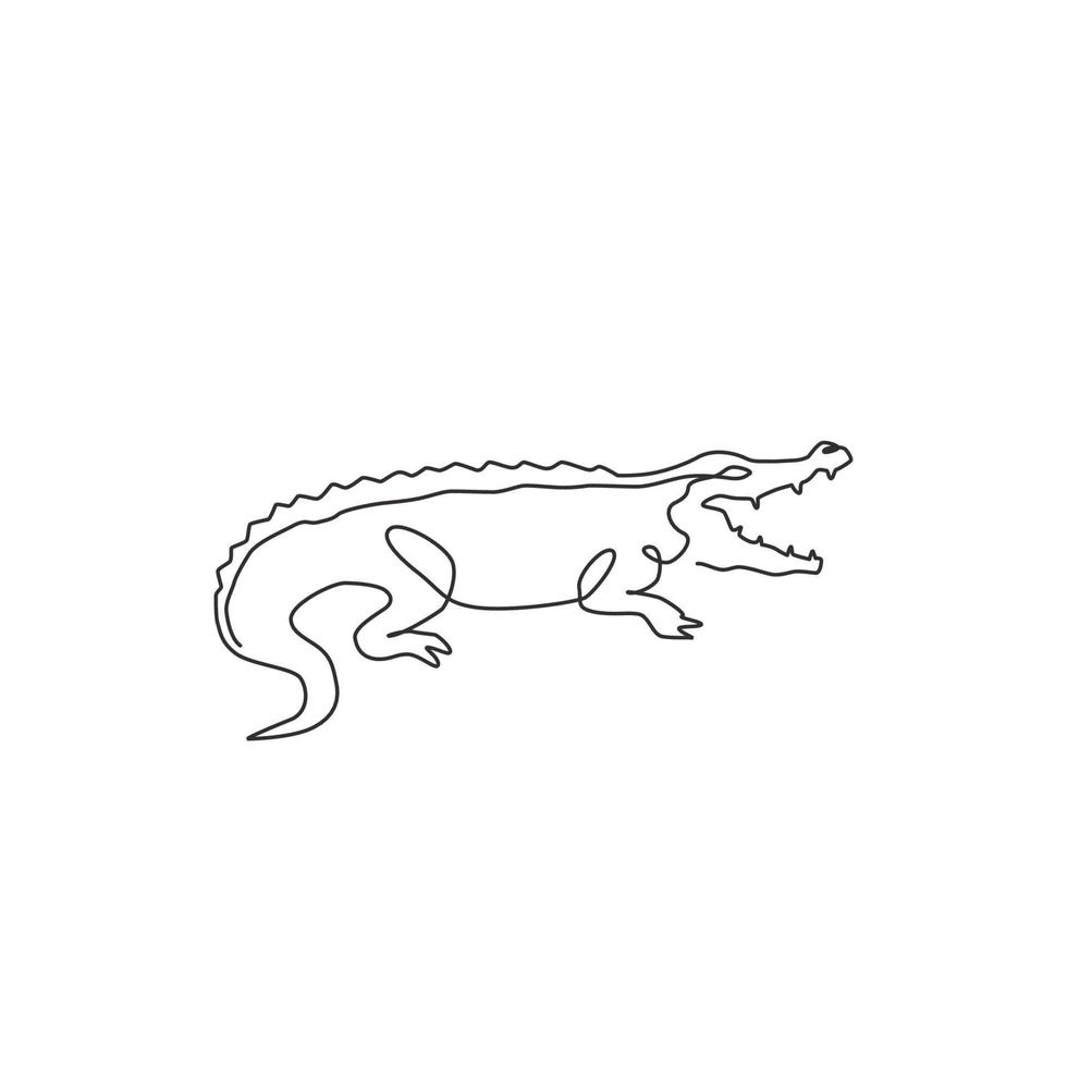 One continuous line drawing of wild crocodile with mouth opened for logo identity. Scary animal alligator concept for national park icon. Trendy single line draw design graphic vector illustration