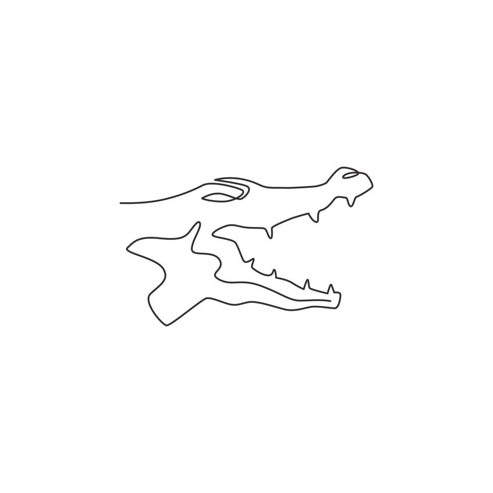 One continuous line drawing of angry head wild crocodile for company logo identity. Scary animal alligator concept for national park icon. Modern single line draw design graphic vector illustration