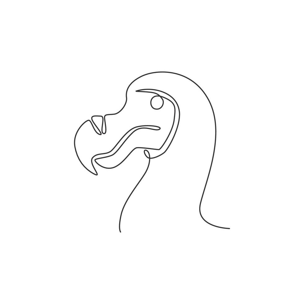 One single line drawing of adorable fun dodo bird head for logo identity. Extinct animal mascot concept for national conservation park icon. Continuous line graphic draw design vector illustration