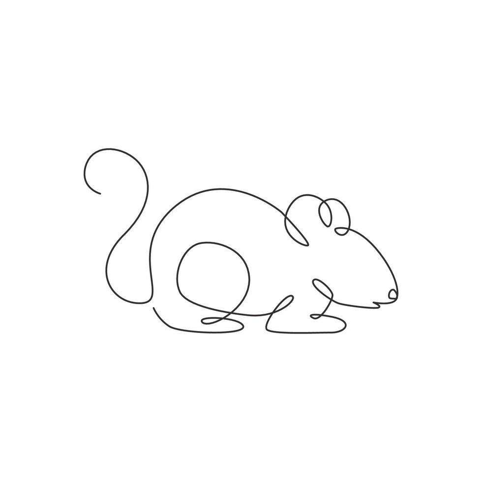 Single continuous line drawing of little cute mouse for logo identity. Funny mice mammal animal mascot concept for pet lover club icon. Modern one line graphic draw design vector illustration