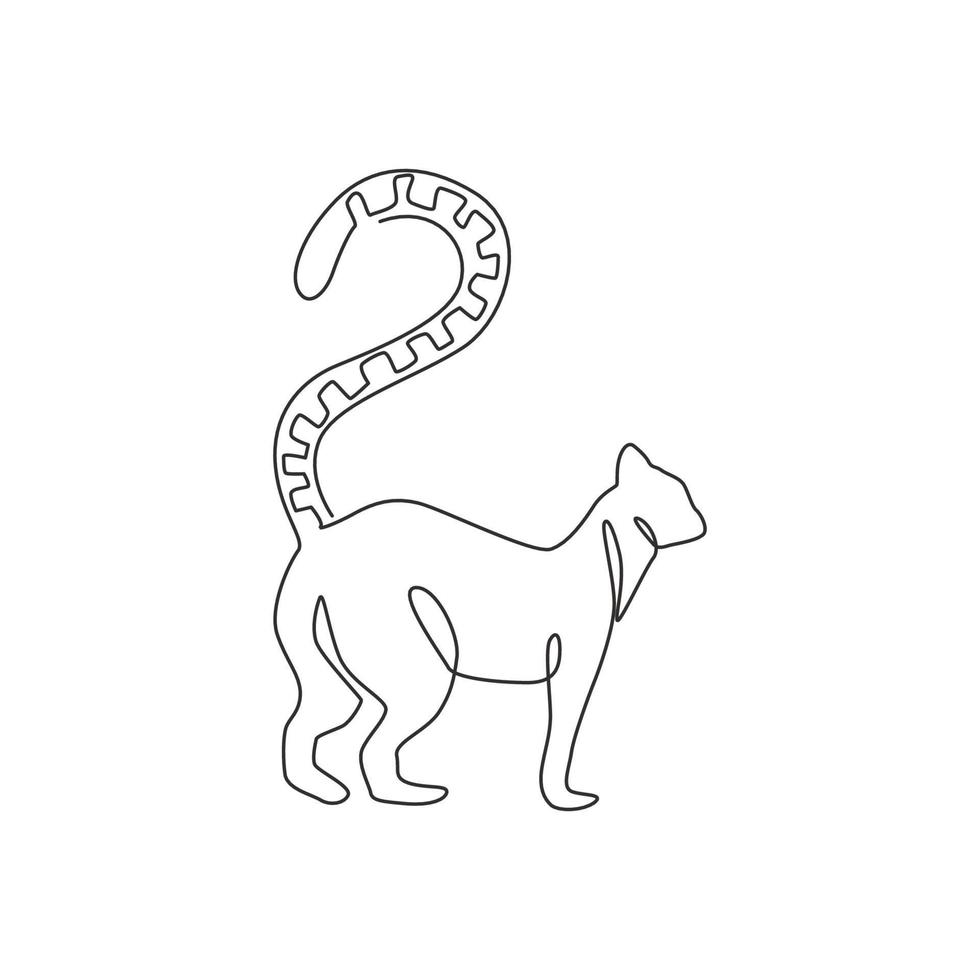 Single continuous line drawing of lovely adorable lemur for logo identity. Cute funny mammal animal mascot concept for pet lover club icon. Trendy one line graphic draw design vector illustration