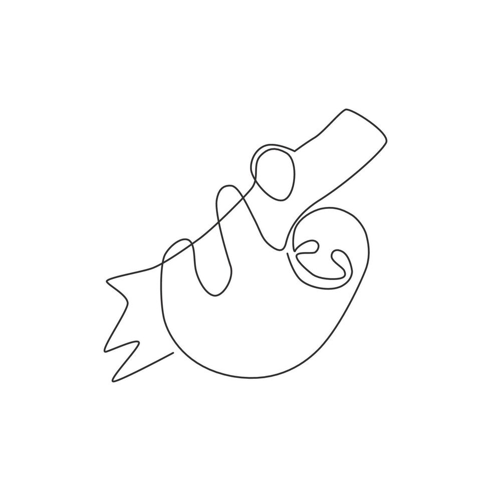 Single continuous line drawing of slow cute sloth hanging at limb tree for logo identity. Marsupial animal mascot concept for pet lover club icon. One line draw design graphic vector illustration