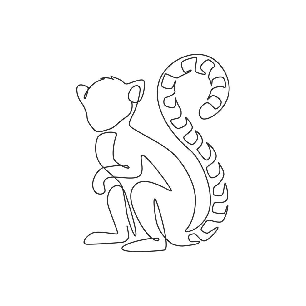 One single line drawing of cute funny sitting lemur for logo identity. Marsupial animal mascot concept for conservation national park icon. Continuous line draw design vector graphic illustration