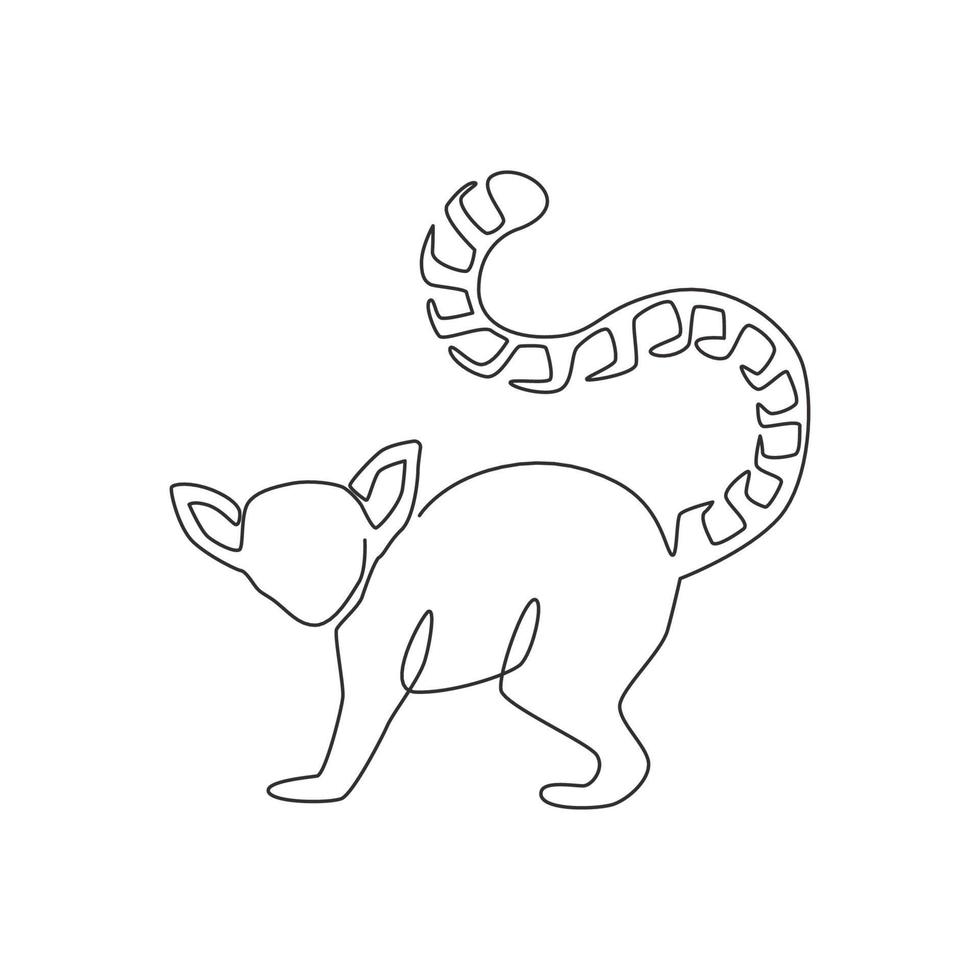 One continuous line drawing of cute lemur with long ring tailed for logo identity. Marsupial animal mascot concept for national zoo icon. Dynamic single line draw design vector graphic illustration
