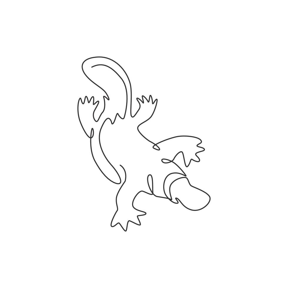 One continuous line drawing of cute platypus for logo identity. Australian mammal animal mascot concept for national conservation park icon. Trendy single line draw design vector graphic illustration