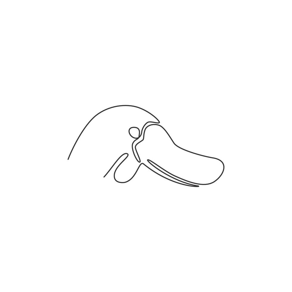 un dibujo de una sola línea de la cabeza de ornitorrinco inteligente única para la identidad del logotipo. concepto de mascota animal australiano típico para el icono del parque nacional. Ilustración de vector de diseño de dibujo gráfico de línea continua de moda