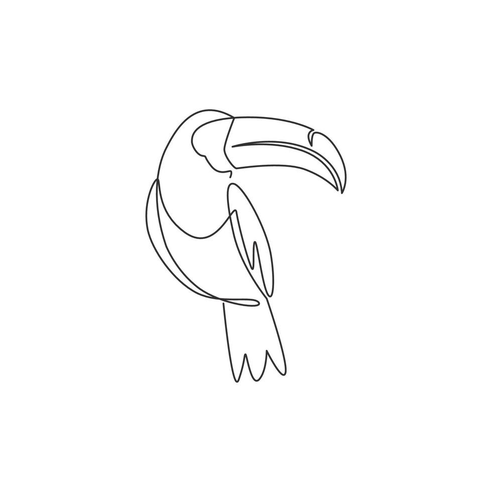 Single continuous line drawing of adorable toucan bird with big beak for logo identity. Endangered animal mascot concept for national zoo icon. Trendy one line draw graphic design vector illustration