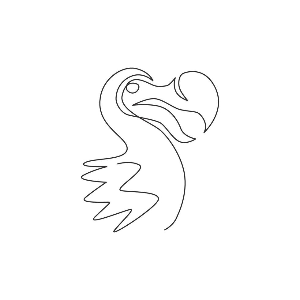 One continuous line drawing of cute adorable dodo bird head for logo identity. Extinct animal mascot concept for museum zoo icon. Modern single line draw design vector illustration graphic