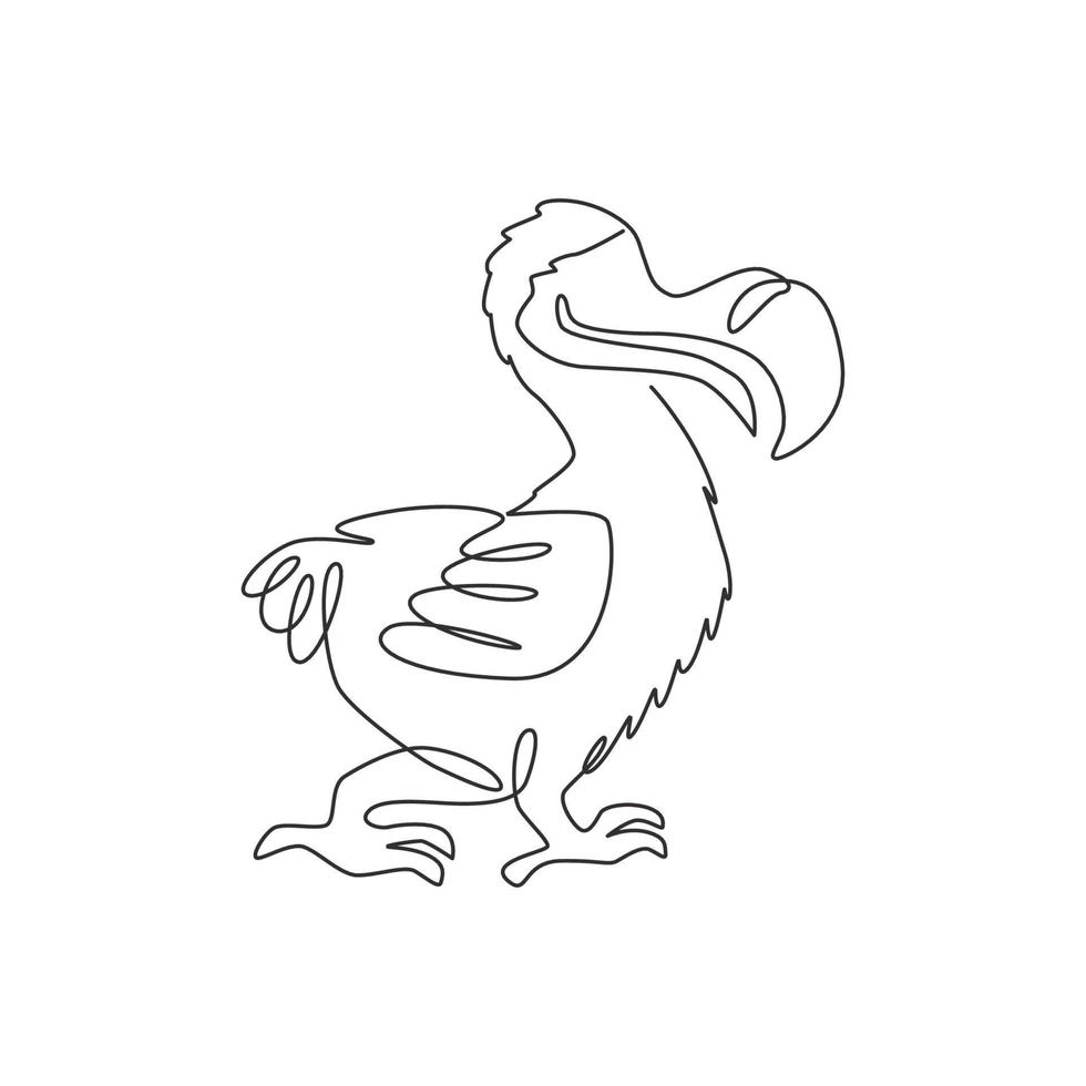 dibujo de línea continua única del adorable pájaro dodo lindo para la identidad del logotipo. concepto histórico de la mascota animal para el icono del zoológico nacional. Ilustración de vector de diseño gráfico de dibujo de una línea dinámica