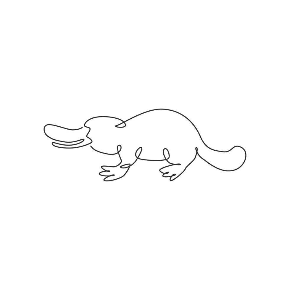 Single continuous line drawing of funny adorable platypus for logo identity. Tasmanian mammal animal mascot concept for national zoo icon. Modern one line draw graphic design vector illustration