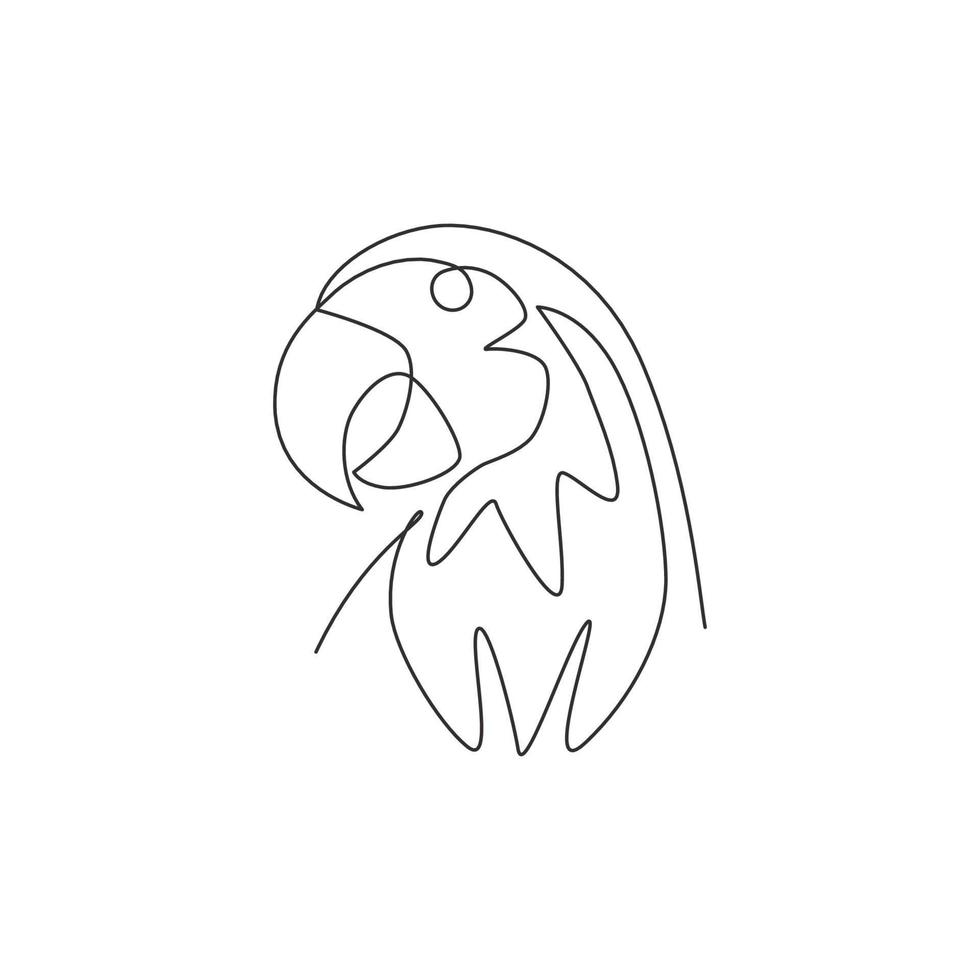 Single continuous line drawing of smart funny parrot bird head for company logo identity. Flying animal mascot concept for pet lover club icon. Trendy one line draw graphic design vector illustration