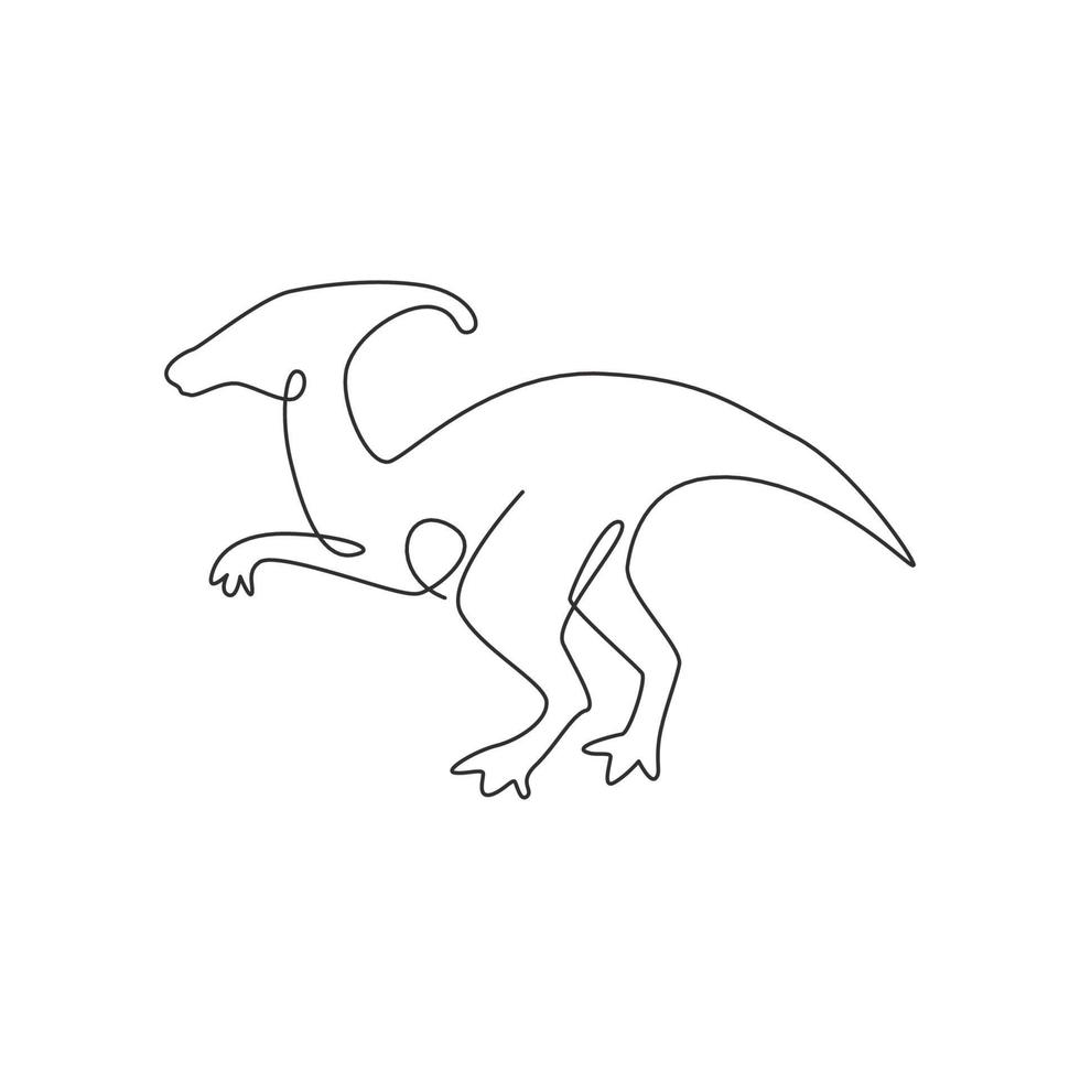 One single line drawing of aggressive parasaurolophus for logo identity. Dino animal mascot concept for prehistoric theme park icon. Trendy continuous line draw design vector graphic illustration