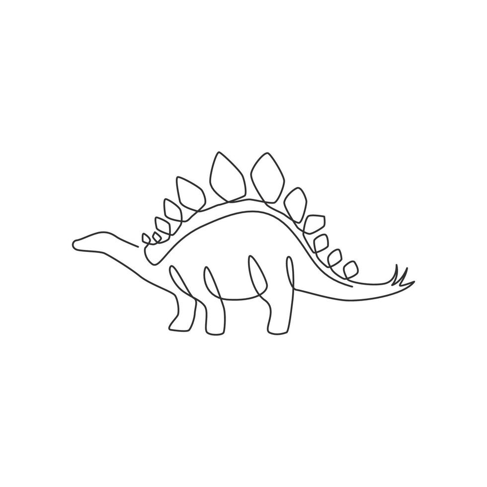 Single continuous line drawing of thorny tail stegosaurus for logo identity. Prehistoric animal mascot concept for dinosaurs theme amusement park icon. One line draw design graphic vector illustration