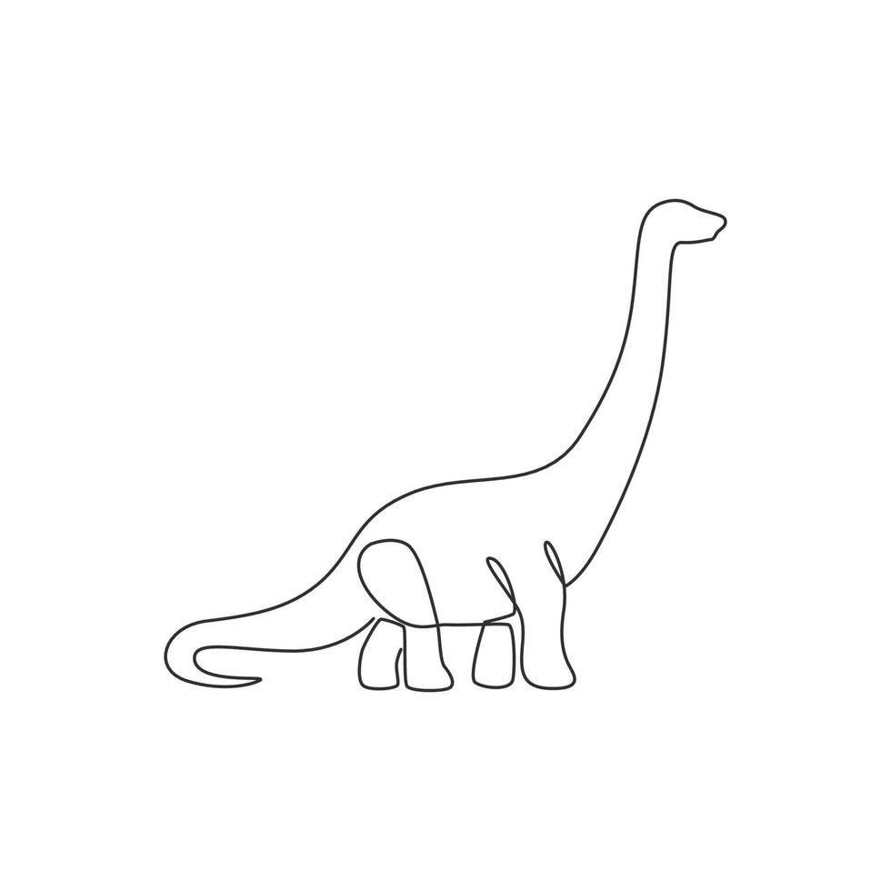 Single continuous line drawing of long neck brontosaurus for logo identity. Prehistoric animal mascot concept for dinosaurs theme amusement park icon. One line draw graphic design vector illustration
