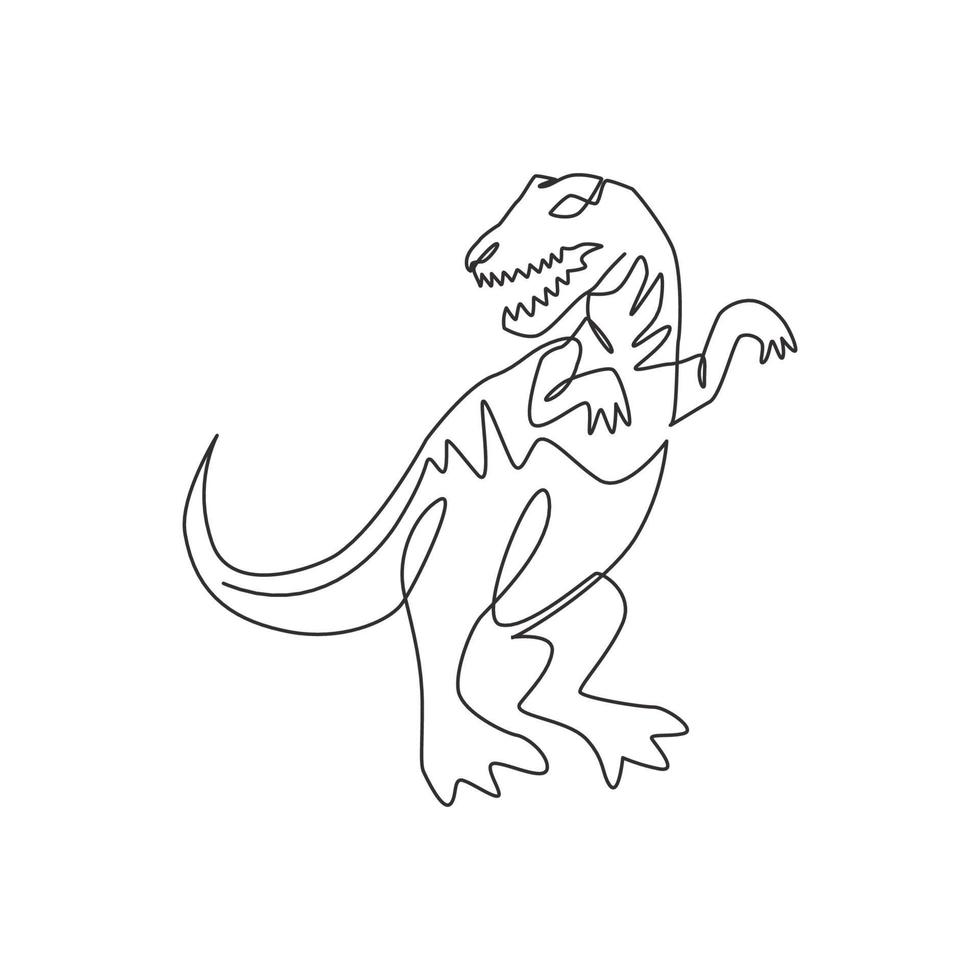 One single line drawing of furious tyrannosaurus rex for logo identity. Dino animal mascot concept for prehistoric theme park icon. Modern continuous line draw design vector graphic illustration