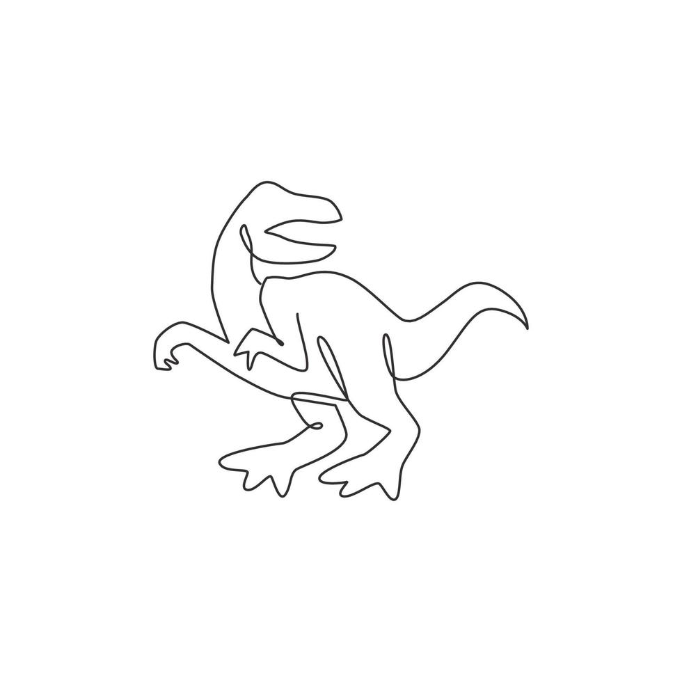 Single continuous line drawing of aggressive velociraptor for logo identity. Prehistoric animal mascot concept for dinosaurs theme amusement park icon. One line draw graphic design vector illustration