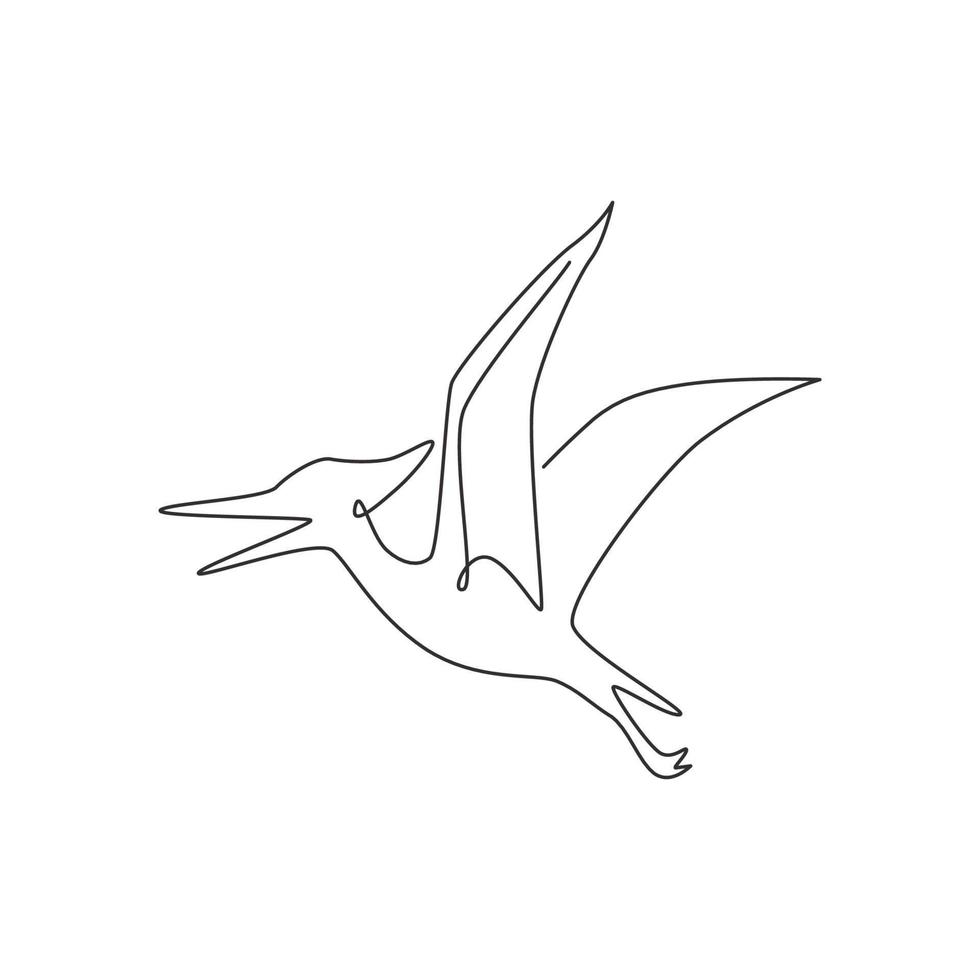 One continuous line drawing of aggressive pterodactyl prehistory animal for logo identity. Dinosaurs mascot concept for prehistoric museum icon. Single line draw design vector illustration graphic