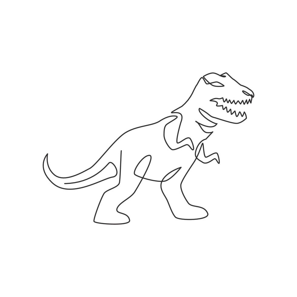 One continuous line drawing of aggressive t-rex prehistory animal for logo identity. Dinosaurs mascot concept for prehistoric museum icon. Modern single line draw design graphic vector illustration