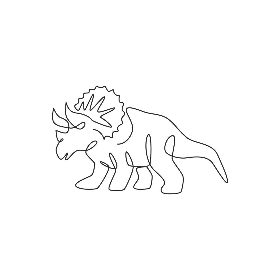 Single continuous line drawing of tough triceratops for logo identity. Prehistoric animal mascot concept for dinosaurs theme amusement park icon. One line draw design vector graphic illustration