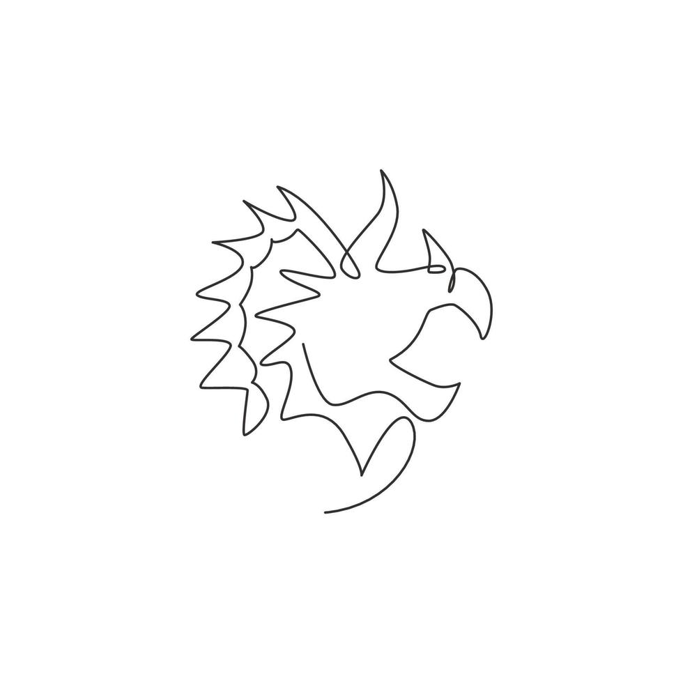 One continuous line drawing of cute head triceratops prehistory animal for logo identity. Dinosaurs mascot concept for prehistoric museum icon. Single line draw graphic design vector illustration