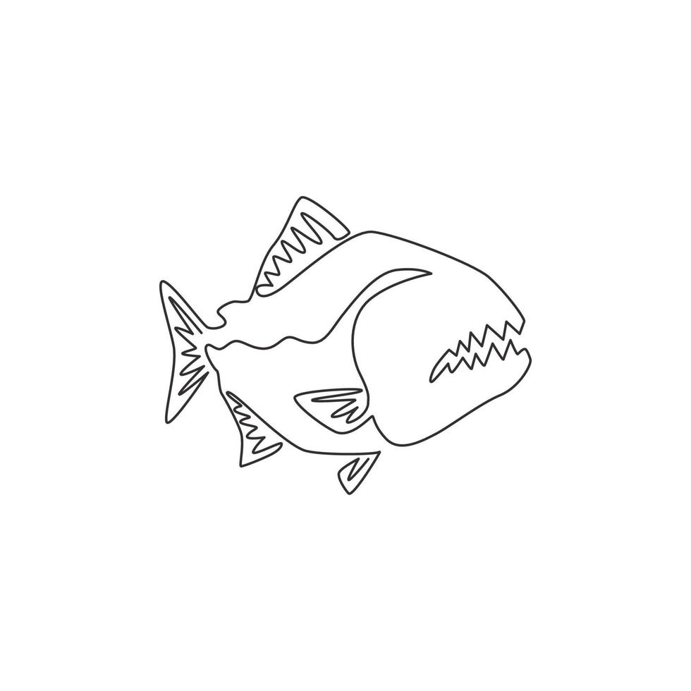 un dibujo de línea continua de pirañas peligrosas para la identidad del logotipo. concepto de mascota de pez monstruo para el icono de signo de río peligroso. Ilustración gráfica de vector de diseño de dibujo de una sola línea