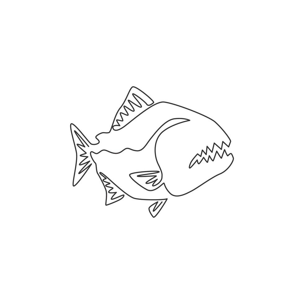 One continuous line drawing of dangerous piranha for logo identity. Monster fish mascot concept for dangerous river sign icon. Single line draw design vector graphic illustration