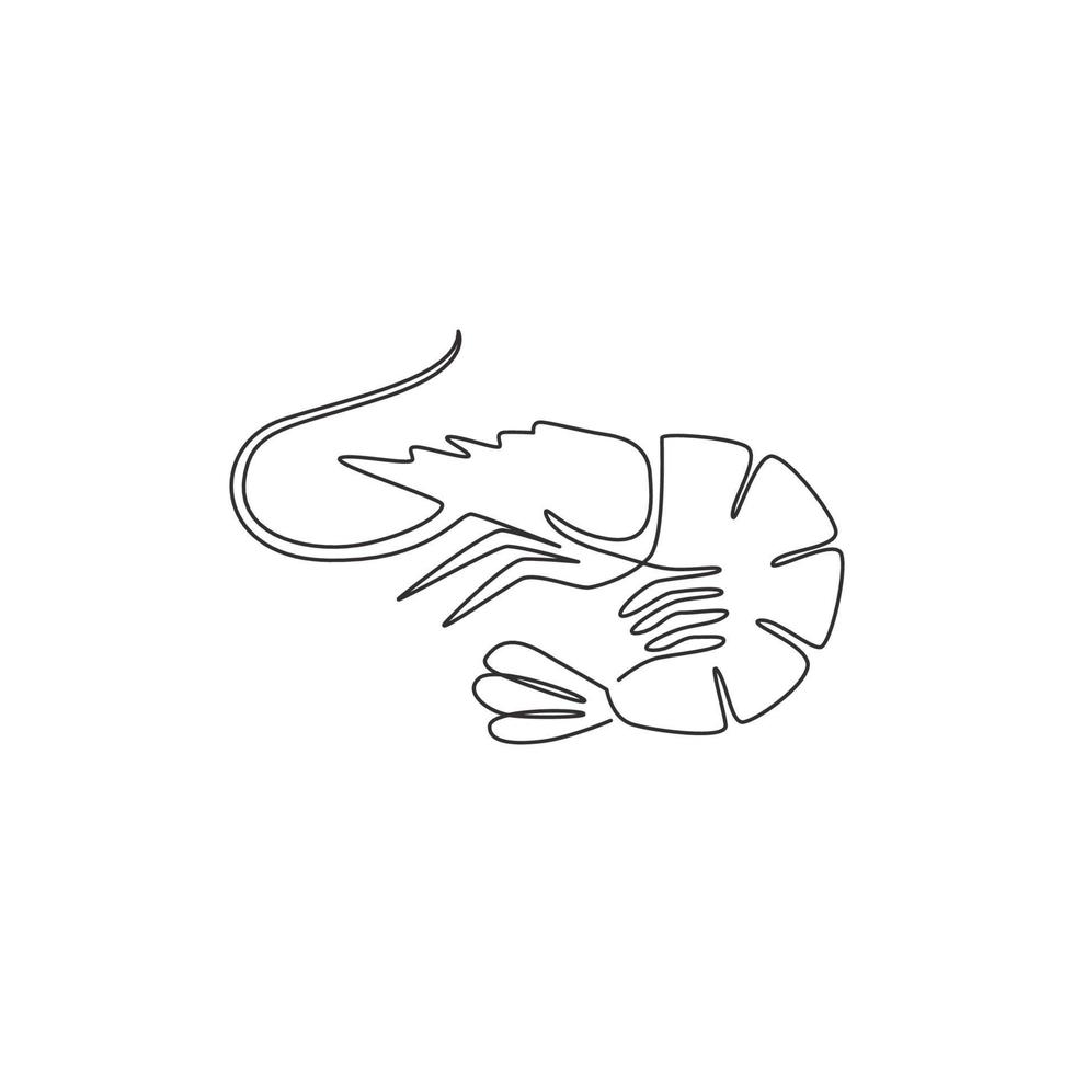 One continuous line drawing of fresh shrimp for seafood logo identity. Prawn mascot concept for Chinese restaurant icon. Single line draw design vector graphic illustration